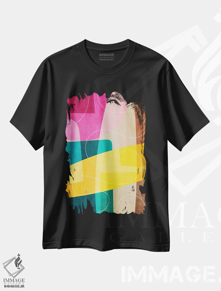 تیشرت مشکی طرح دار انتزاعی سبزآبی صورتی زرد رنگارنگ اثر ام سی دیزاین لب | فروشگاه ایماژ