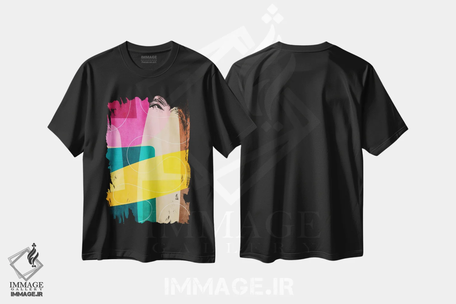 تیشرت مشکی طرح دار انتزاعی سبزآبی صورتی زرد رنگارنگ اثر ام سی دیزاین لب | فروشگاه ایماژ
