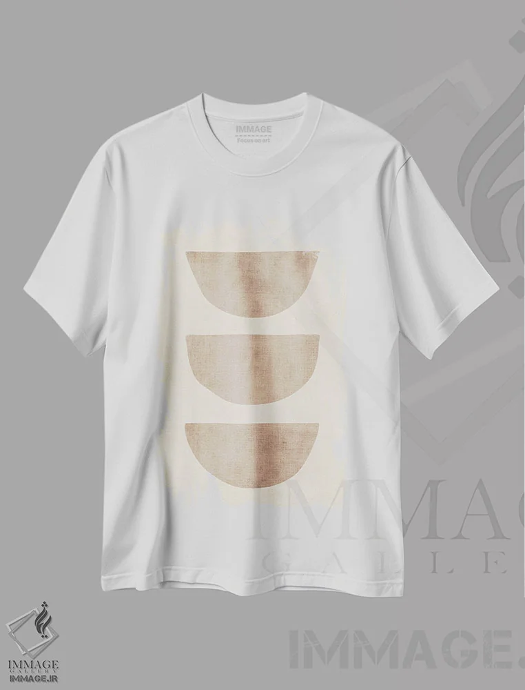 تیشرت سفید طرح دار نیم دایره های به رنگ بژ و خرمایی اثر ام سی دیزاین لب | فروشگاه ایماژ