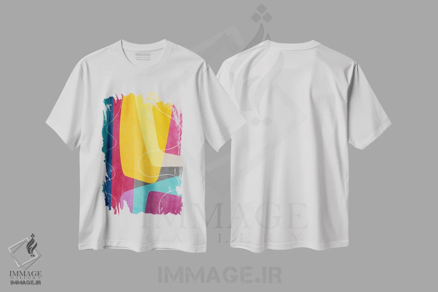 تیشرت سفید طرح دار انتزاعی صورتی جیغ و زرد رنگارنگ اثر ام سی دیزاین لب | immage.ir