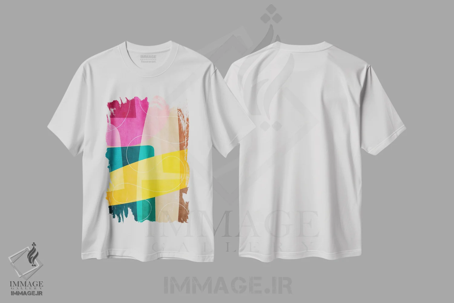تیشرت سفید طرح دار انتزاعی سبزآبی صورتی زرد رنگارنگ اثر ام سی دیزاین لب | immage.ir