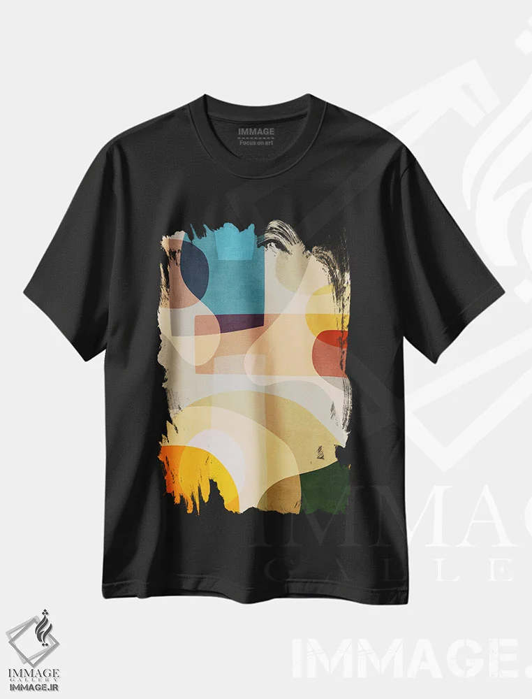تیشرت مشکی طرح دار اشکال انتزاعی رنگارنگ IV اثر ام سی دیزاین لب | فروشگاه ایماژ