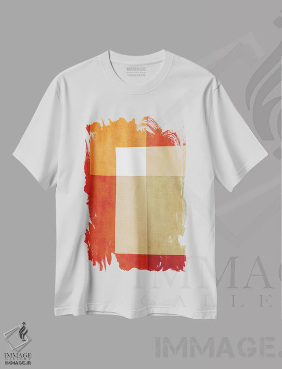 تیشرت سفید طرح دار انتزاعی قرمز سفید نارنجی بژ اثر ام سی دیزاین لب | فروشگاه ایماژ