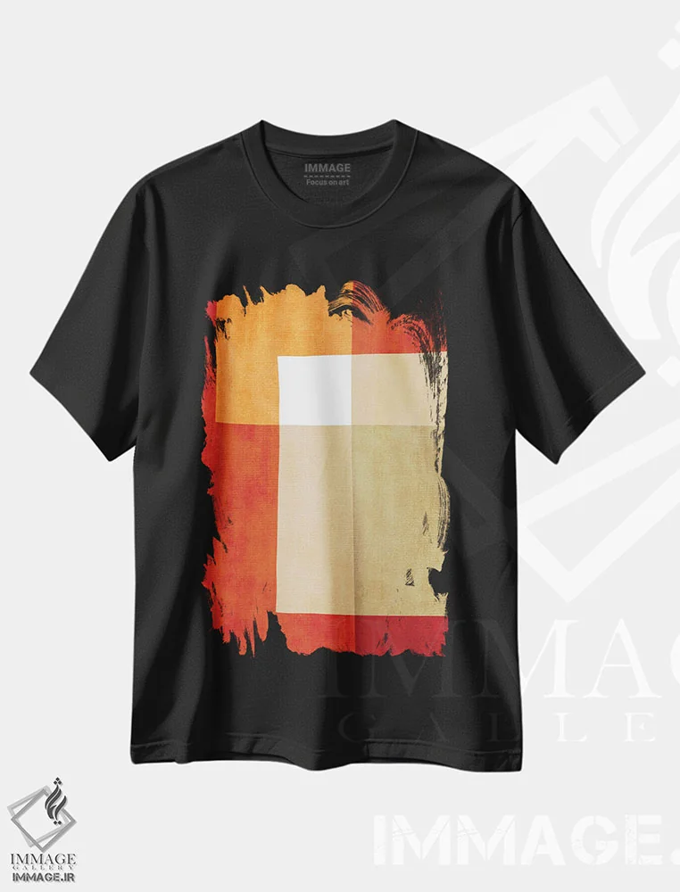 تیشرت مشکی طرح دار انتزاعی قرمز سفید نارنجی بژ اثر ام سی دیزاین لب | immage.ir