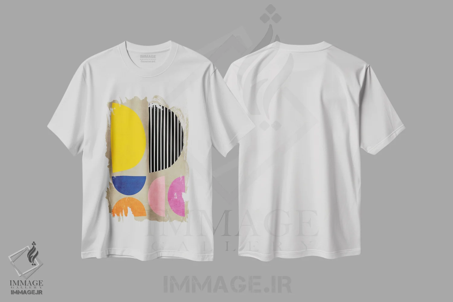 تیشرت سفید طرح دار نیم دایره های مدرن رنگارنگ III اثر ام سی دیزاین لب | immage.ir