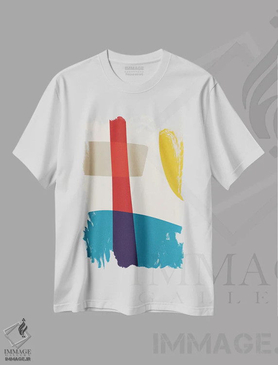 تیشرت سفید طرح دار انتزاعی قرمز زرد آبی بژ III اثر ام سی دیزاین لب | immage.ir