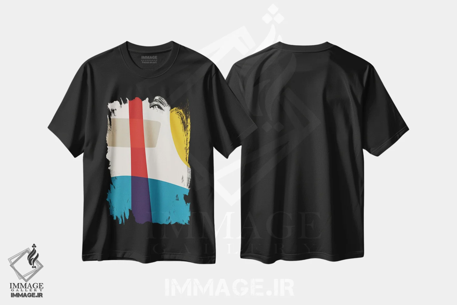تیشرت مشکی طرح دار انتزاعی قرمز زرد آبی بژ III اثر ام سی دیزاین لب | فروشگاه ایماژ