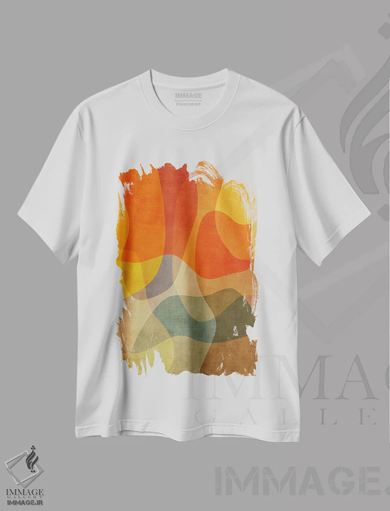 تیشرت سفید طرح دار انتزاعی رنگ های گرم میان قرن اثر ام سی دیزاین لب | فروشگاه ایماژ