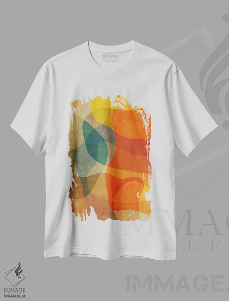 تیشرت سفید طرح دار انتزاعی رنگ های زنده مدرن میان قرن اثر ام سی دیزاین لب | immage.ir