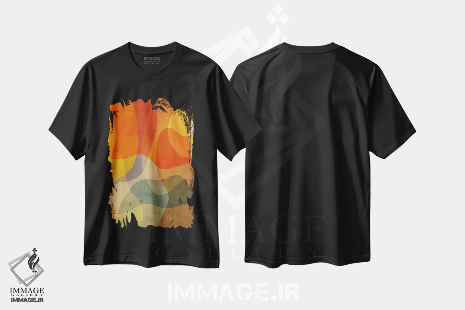 تیشرت مشکی طرح دار انتزاعی رنگ های گرم میان قرن اثر ام سی دیزاین لب | immage.ir