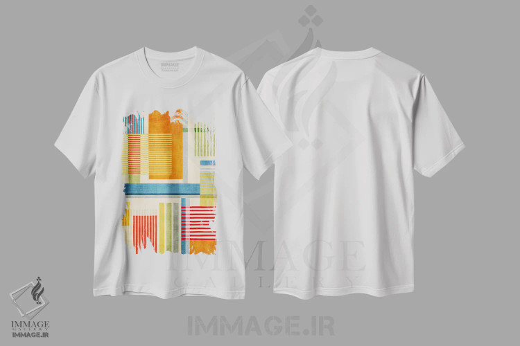تیشرت سفید طرح دار اثر هنری انتزاعی خطوط رنگارنگ جسور B اثر ام سی دیزاین لب | immage.ir