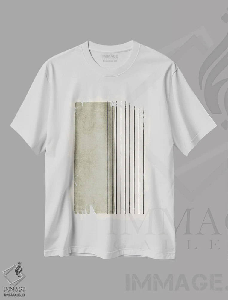 تیشرت سفید طرح دار اثر انتزاعی مینیمالی با سبز زیتونی نظامی و خطوط سیاه اثر ام سی دیزاین لب | فروشگاه ایماژ