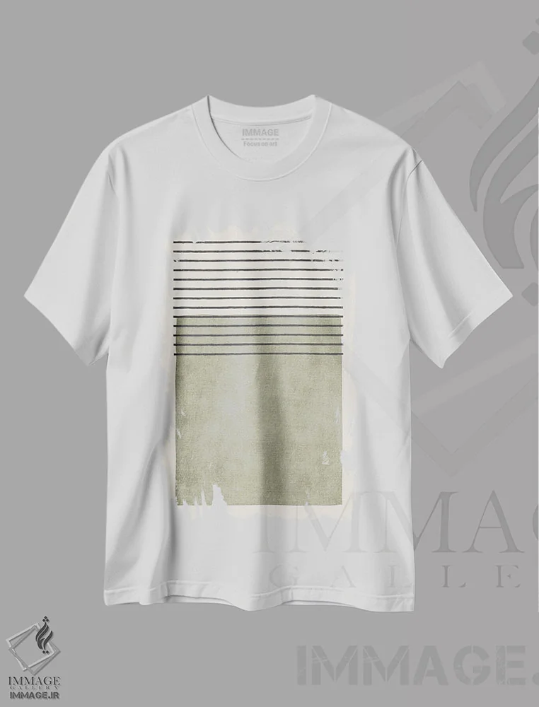 تیشرت سفید طرح دار انتزاعی مینیمالی خطوط سیاه و سبز زیتونی نظامی اثر ام سی دیزاین لب | immage.ir