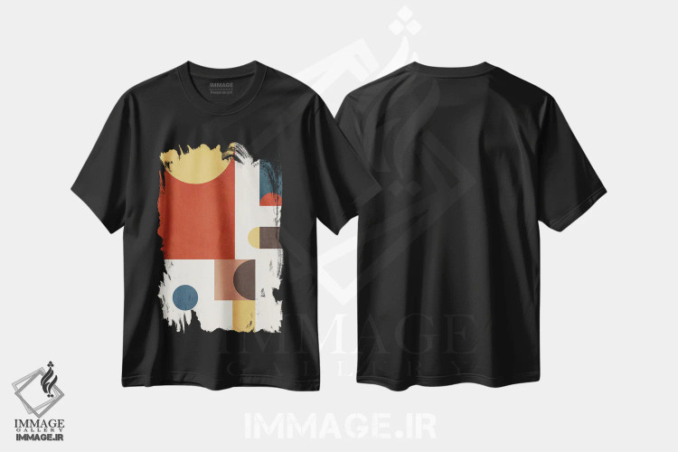 تیشرت مشکی طرح دار انتزاعی هندسی مدرنیسم میان قرن B اثر ام سی دیزاین لب | فروشگاه ایماژ