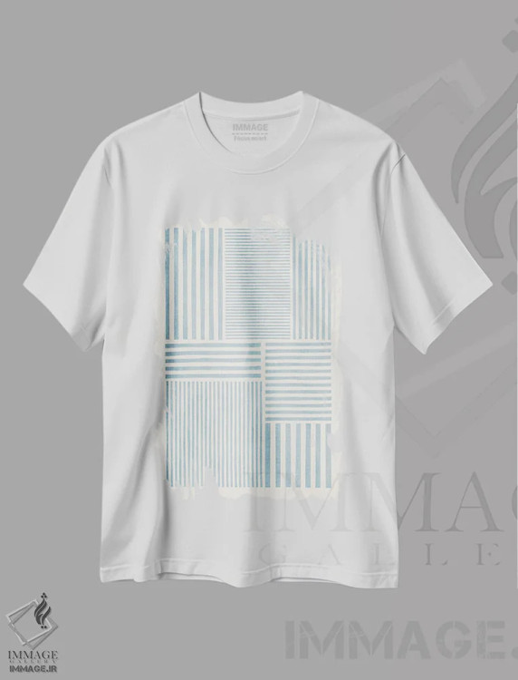 تیشرت سفید طرح دار خطوط جسور مینیمال آبی روشن A اثر ام سی دیزاین لب | immage.ir