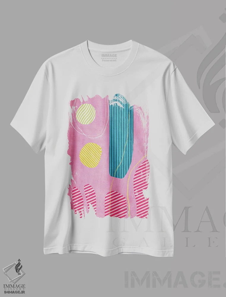 تیشرت سفید طرح دار انتزاعی صورتی زرد آبی اثر ام سی دیزاین لب | immage.ir