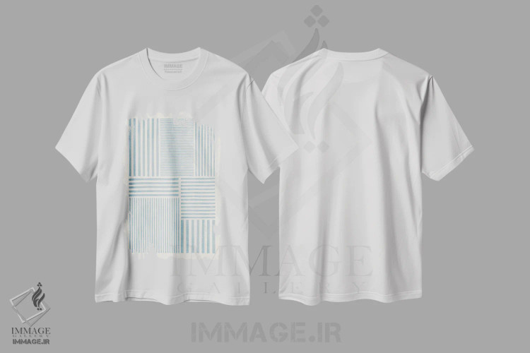 تیشرت سفید طرح دار خطوط جسور مینیمال آبی روشن A اثر ام سی دیزاین لب | immage.ir