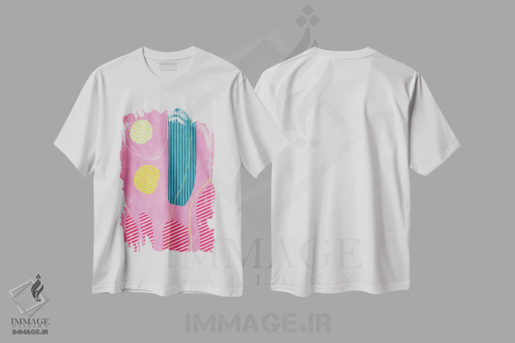 تیشرت سفید طرح دار انتزاعی صورتی زرد آبی اثر ام سی دیزاین لب | immage.ir