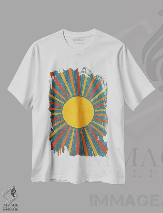 تیشرت سفید طرح دار انفجار خورشیدی رترو سبزآبی زرد قرمز، آبستره اثر ام سی دیزاین لب | فروشگاه ایماژ