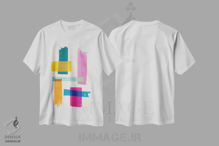 تیشرت سفید طرح دار انتزاعی جسور با رنگ های پرطراوت اثر ام سی دیزاین لب | immage.ir