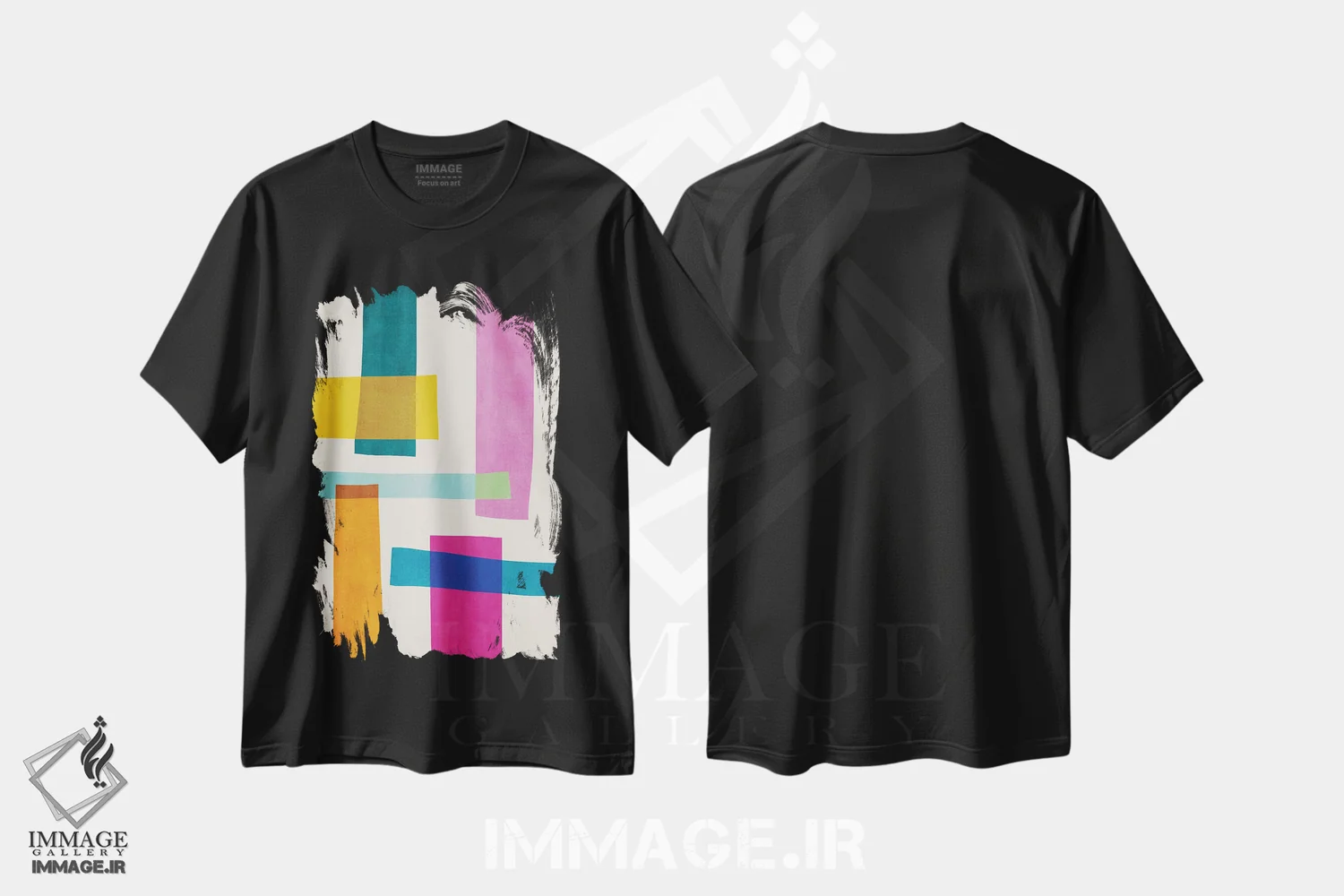 تیشرت مشکی طرح دار انتزاعی جسور با رنگ های پرطراوت اثر ام سی دیزاین لب | فروشگاه ایماژ