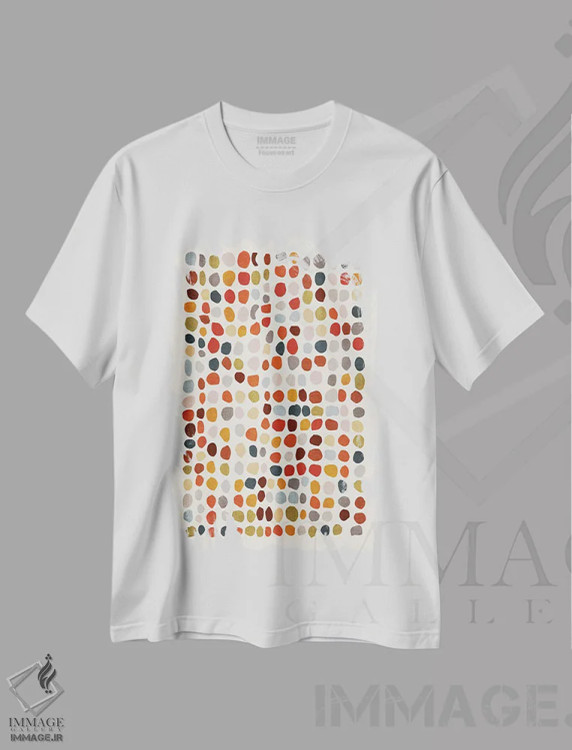تیشرت سفید طرح دار نقطه های رنگارنگ با رنگ های پاییزی و زمینی اثر ام سی دیزاین لب | فروشگاه ایماژ