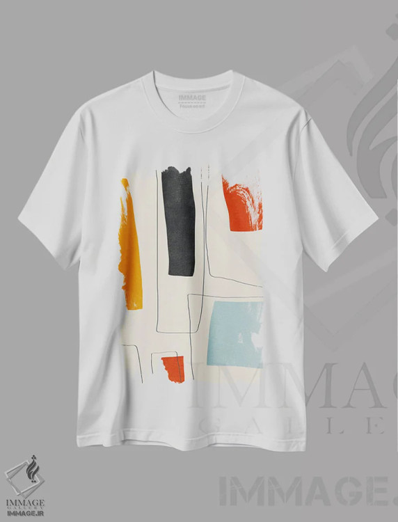تیشرت سفید طرح دار خطوط مینیمال قرمز زرد آبی سیاه II اثر ام سی دیزاین لب | فروشگاه ایماژ