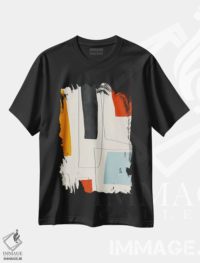 تیشرت مشکی طرح دار خطوط مینیمال قرمز زرد آبی سیاه II اثر ام سی دیزاین لب | immage.ir