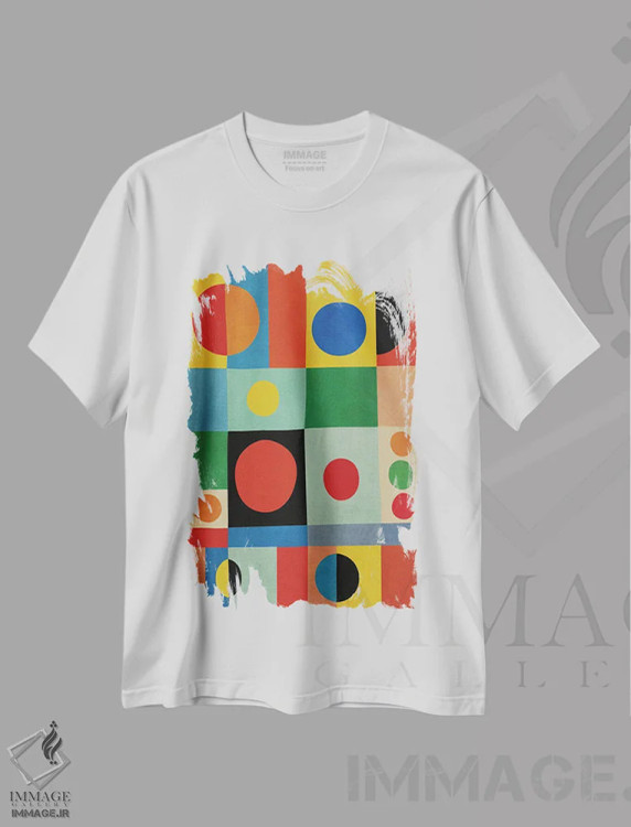 تیشرت سفید طرح دار دایره های رنگارنگ مدرن میان قرن انتزاع جسور اثر ام سی دیزاین لب | immage.ir