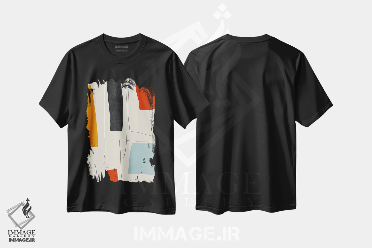 تیشرت مشکی طرح دار خطوط مینیمال قرمز زرد آبی سیاه II اثر ام سی دیزاین لب | immage.ir