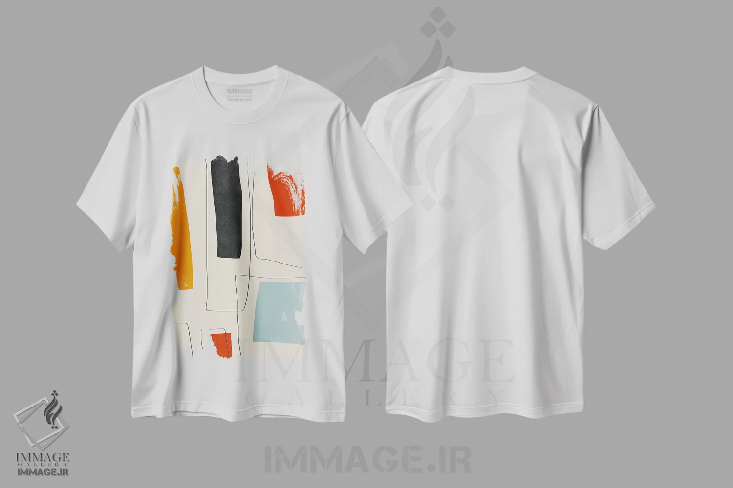 تیشرت سفید طرح دار خطوط مینیمال قرمز زرد آبی سیاه II اثر ام سی دیزاین لب | فروشگاه ایماژ