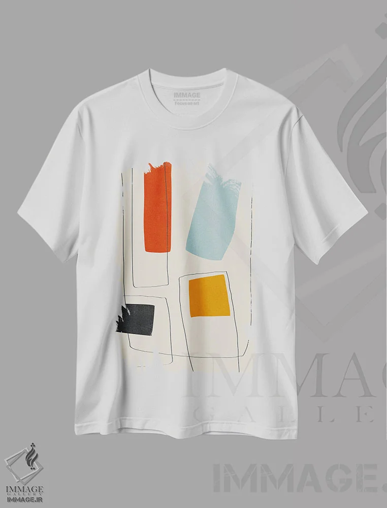 تیشرت سفید طرح دار خطوط مینیمال قرمز زرد آبی سیاه I اثر ام سی دیزاین لب | immage.ir