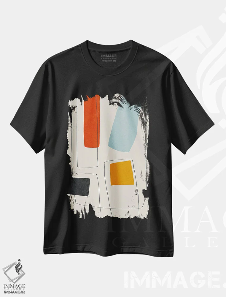 تیشرت مشکی طرح دار خطوط مینیمال قرمز زرد آبی سیاه I اثر ام سی دیزاین لب | فروشگاه ایماژ