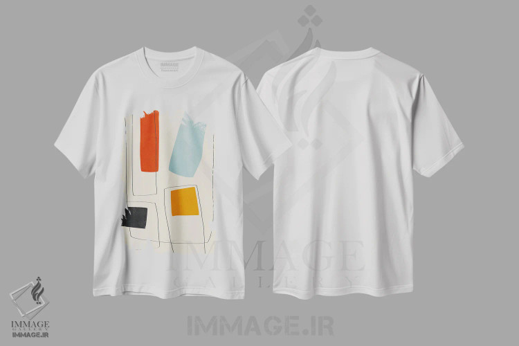 تیشرت سفید طرح دار خطوط مینیمال قرمز زرد آبی سیاه I اثر ام سی دیزاین لب | immage.ir