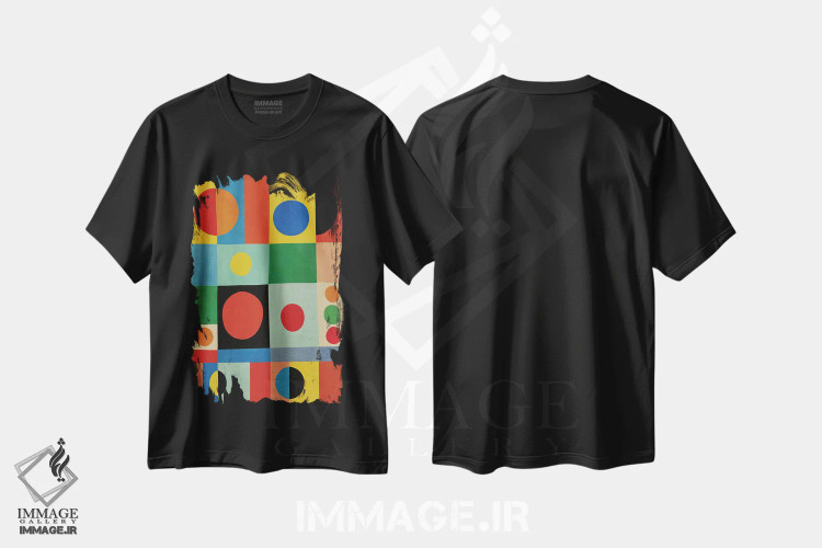 تیشرت مشکی طرح دار دایره های رنگارنگ مدرن میان قرن انتزاع جسور اثر ام سی دیزاین لب | فروشگاه ایماژ