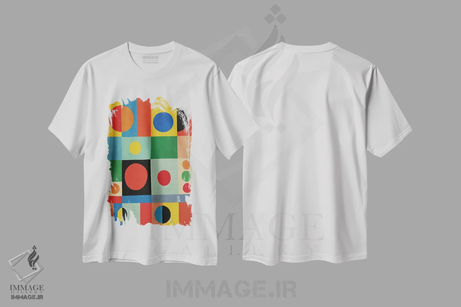 تیشرت سفید طرح دار دایره های رنگارنگ مدرن میان قرن انتزاع جسور اثر ام سی دیزاین لب | immage.ir