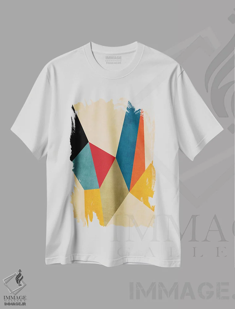 تیشرت سفید طرح دار اثر هنری انتزاعی هندسی مدرن B اثر ام سی دیزاین لب | فروشگاه ایماژ
