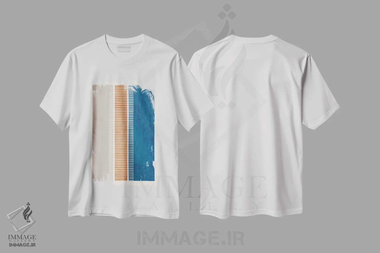 تیشرت سفید طرح دار خطوط سرمه ای سفالی بژ سفید اثر ام سی دیزاین لب | immage.ir