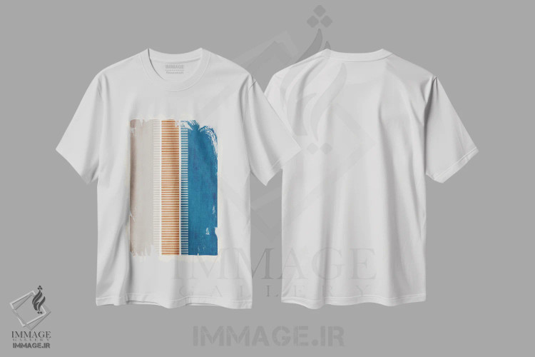 تیشرت سفید طرح دار خطوط سرمه ای سفالی بژ سفید اثر ام سی دیزاین لب | immage.ir