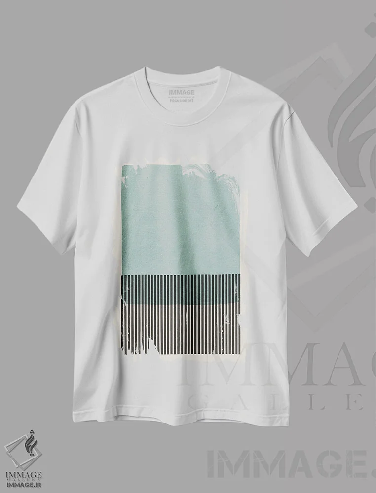تیشرت سفید طرح دار بلوک سبزآبی روشن و خطوط سیاه اثر ام سی دیزاین لب | فروشگاه ایماژ