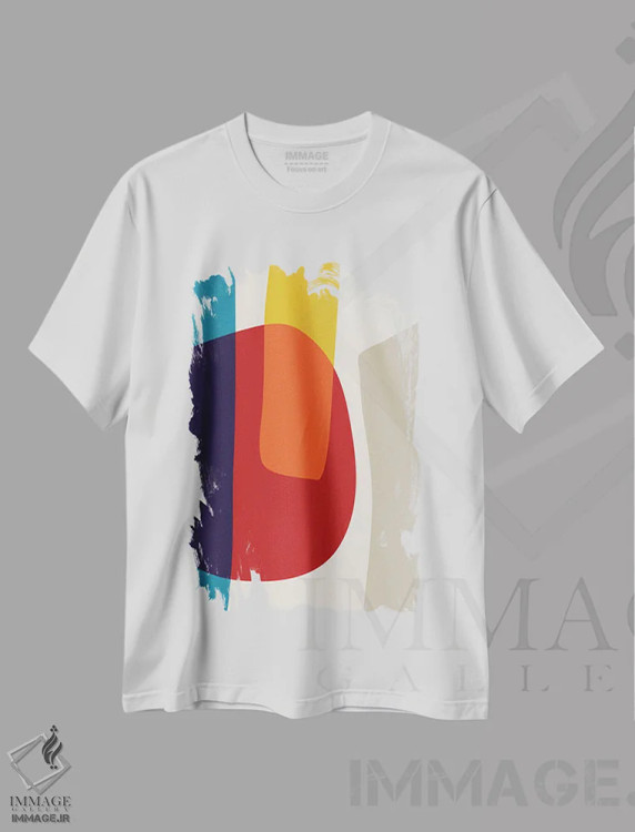 تیشرت سفید طرح دار انتزاعی قرمز زرد آبی بژ I اثر ام سی دیزاین لب | فروشگاه ایماژ