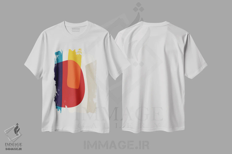 تیشرت سفید طرح دار انتزاعی قرمز زرد آبی بژ I اثر ام سی دیزاین لب | فروشگاه ایماژ