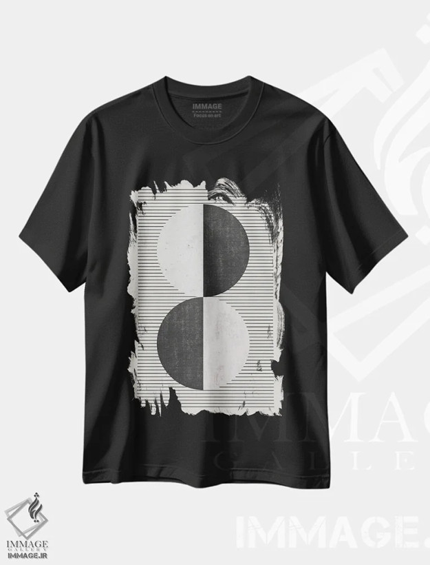 تیشرت مشکی طرح دار دایره های سیاه و سفید و خطوط سیاه اثر ام سی دیزاین لب | فروشگاه ایماژ