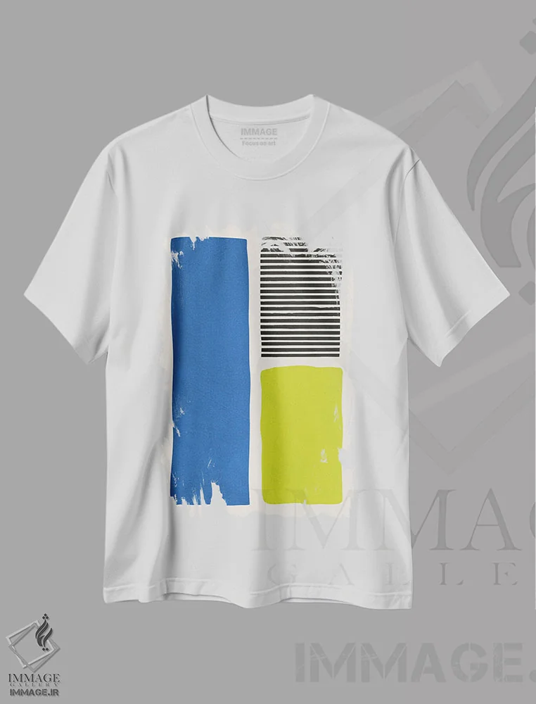 تیشرت سفید طرح دار خطوط سیاه آبی سبز چارتروز اثر ام سی دیزاین لب | فروشگاه ایماژ