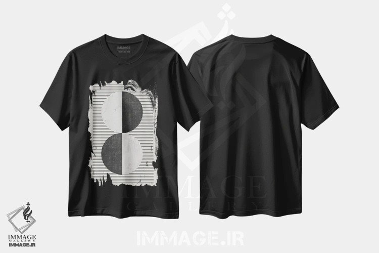 تیشرت مشکی طرح دار دایره های سیاه و سفید و خطوط سیاه اثر ام سی دیزاین لب | فروشگاه ایماژ