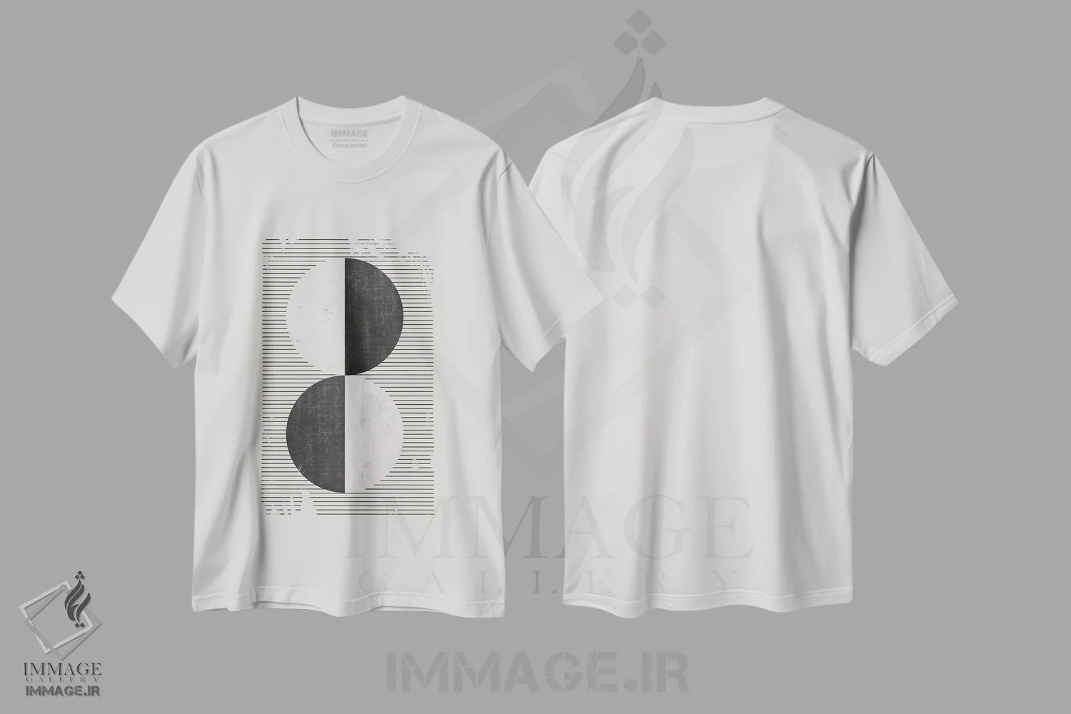 تیشرت سفید طرح دار دایره های سیاه و سفید و خطوط سیاه اثر ام سی دیزاین لب | immage.ir