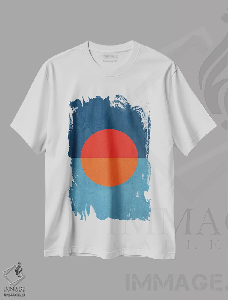 تیشرت سفید طرح دار خورشید نارنجی قرمز آبی، آبستره اثر ام سی دیزاین لب | immage.ir
