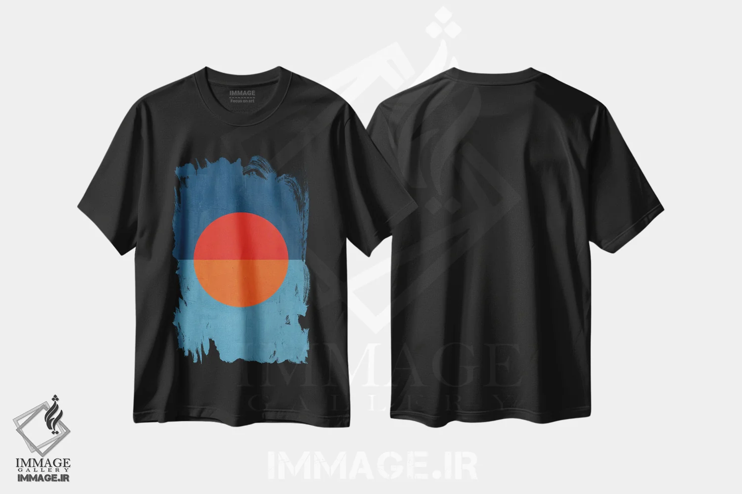 تیشرت مشکی طرح دار خورشید نارنجی قرمز آبی، آبستره اثر ام سی دیزاین لب | فروشگاه ایماژ