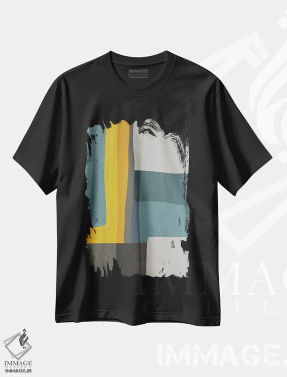 تیشرت مشکی طرح دار ترکیب انتزاعی مدرن با خردلی و فیروزه ای و خاکستری ۲ اثر ام سی دیزاین لب | فروشگاه ایماژ