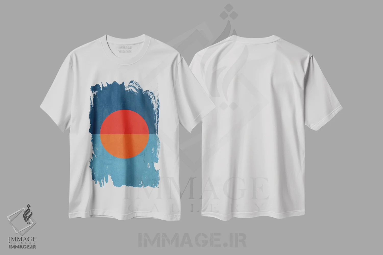 تیشرت سفید طرح دار خورشید نارنجی قرمز آبی، آبستره اثر ام سی دیزاین لب | immage.ir